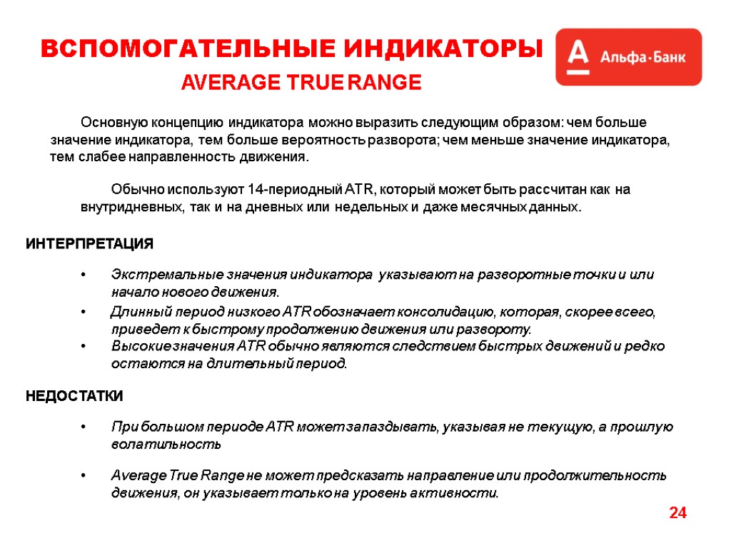 24 ВСПОМОГАТЕЛЬНЫЕ ИНДИКАТОРЫ AVERAGE TRUE RANGE Average True Range не может предсказать направление или